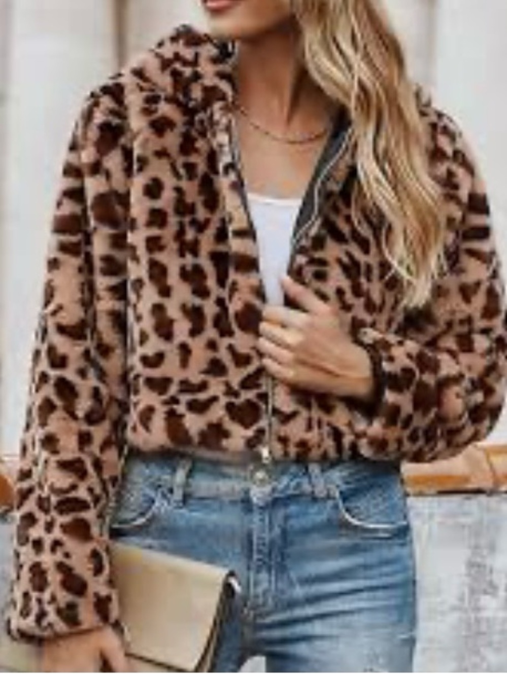 Faux Fur Leopard Print Hooded Jacket Size Large New with tag